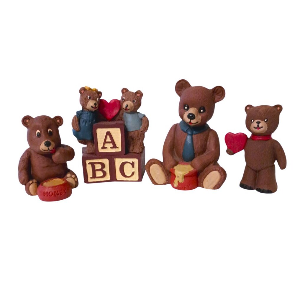 Vintage Childrens Bear Figurines 4 Pieces Honey ABC Blocks Heart Hand Painted 4"